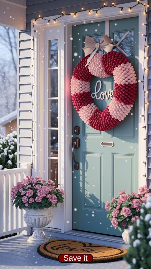 Create a bright, cozy, and welcoming exterior scene of a home featuring charming Valentine door decorations. The front door is adorned with a layered red and pink heart-shaped wreath, a small hanging love-themed sign, and subtle string lights around the frame. Include a small porch display with potted flowers and a heart-shaped doormat. The scene should feel warm and cheerful despite a soft winter background, with natural daylight highlighting the textures of wood, flowers, and decorations. Focus on realistic details, depth, and shadows to make the image lifelike and inviting.