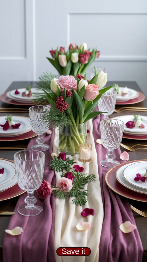 Valentines Day Table Settings Ideas with Seasonal Flowers and Greenery