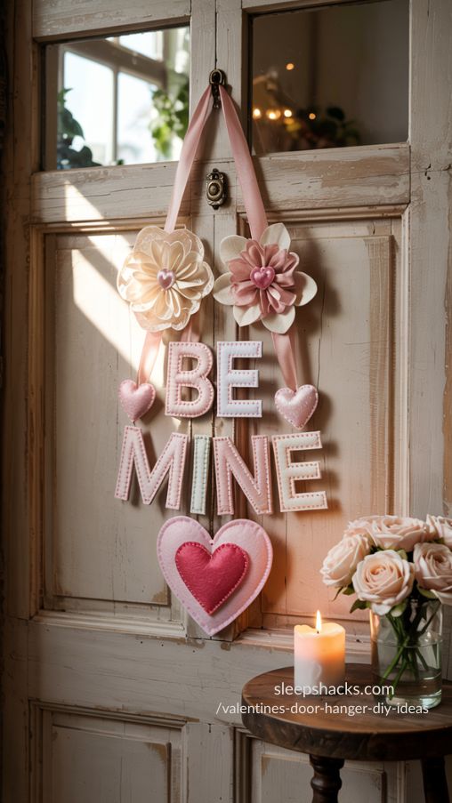 A cozy and inviting interior scene showcasing a handmade Valentines Door Hanger DIY Ideas, hanging elegantly on a rustic wooden door. The door hanger is crafted with layered pastel pink and red heart shapes, delicate paper flowers, and subtle ribbon accents. Soft natural light streams through a nearby window, highlighting the textures of the paper and fabric. The surrounding decor includes a small side table with candles, a vase of fresh flowers, and warm neutral tones that complement the romantic DIY piece. The atmosphere is warm, creative, and charming, emphasizing personal touches and handmade craftsmanship, perfect for Valentines Day home decor. Keywords/Focus: Valentines Door Hanger DIY Ideas, handmade Valentines decorations, romantic DIY home decor, heart-shaped door hanger, paper flower crafts
