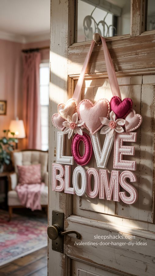 A cozy and inviting interior scene showcasing a handmade Valentines Door Hanger DIY Ideas, hanging elegantly on a rustic wooden door. The door hanger is crafted with layered pastel pink and red heart shapes, delicate paper flowers, and subtle ribbon accents. Soft natural light streams through a nearby window, highlighting the textures of the paper and fabric. The surrounding decor includes a small side table with candles, a vase of fresh flowers, and warm neutral tones that complement the romantic DIY piece. The atmosphere is warm, creative, and charming, emphasizing personal touches and handmade craftsmanship, perfect for Valentines Day home decor. Keywords/Focus: Valentines Door Hanger DIY Ideas, handmade Valentines decorations, romantic DIY home decor, heart-shaped door hanger, paper flower crafts