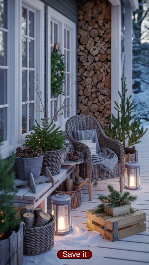 Winter Porch Decor Ideas with Natural Evergreen and Rustic Accents