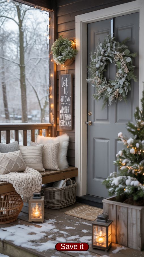 Winter Porch Decor Ideas with Seasonal Wreaths and Decorative Signs