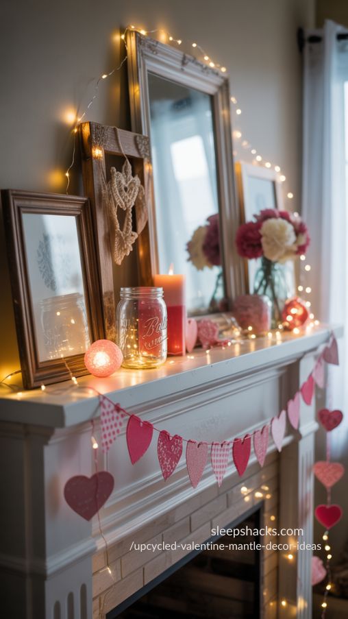 Adding Lights for Ambiance – Upcycled Valentine Mantel Ideas