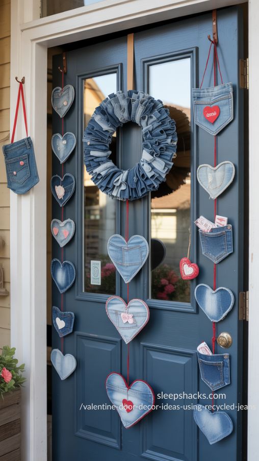 Create a welcoming front door scene showcasing creative hanging ideas for Valentine denim decor. Feature a layered display with a central denim wreath, cascading denim heart garlands draping along the doorframe, and small upcycled jean pockets on either side filled with hearts or tiny gifts. Use removable hooks or magnetic hangers to imply easy, door-safe installation. Highlight textures of denim, lace, and subtle embellishments like pearls or buttons under soft natural lighting. Include subtle Valentine’s touches such as a cozy welcome mat, small floral accents, or heart-shaped ornaments nearby. Emphasize a photorealistic, handcrafted, eco-friendly, and eye-catching aesthetic that feels full and inviting.