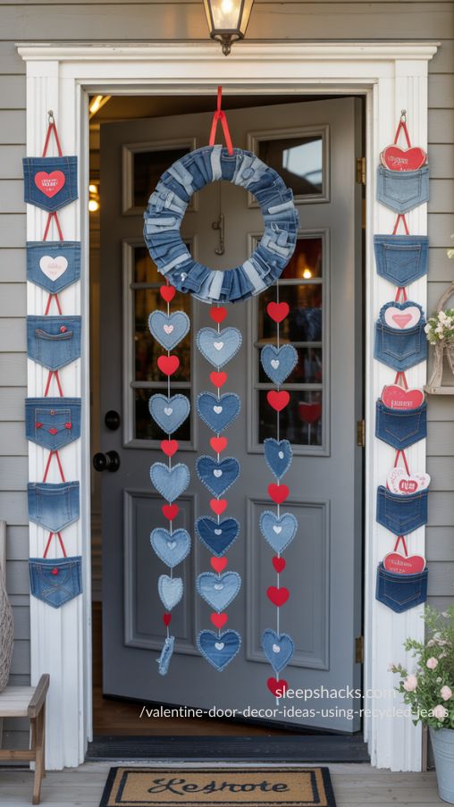 Create a welcoming front door scene showcasing creative hanging ideas for Valentine denim decor. Feature a layered display with a central denim wreath, cascading denim heart garlands draping along the doorframe, and small upcycled jean pockets on either side filled with hearts or tiny gifts. Use removable hooks or magnetic hangers to imply easy, door-safe installation. Highlight textures of denim, lace, and subtle embellishments like pearls or buttons under soft natural lighting. Include subtle Valentine’s touches such as a cozy welcome mat, small floral accents, or heart-shaped ornaments nearby. Emphasize a photorealistic, handcrafted, eco-friendly, and eye-catching aesthetic that feels full and inviting.