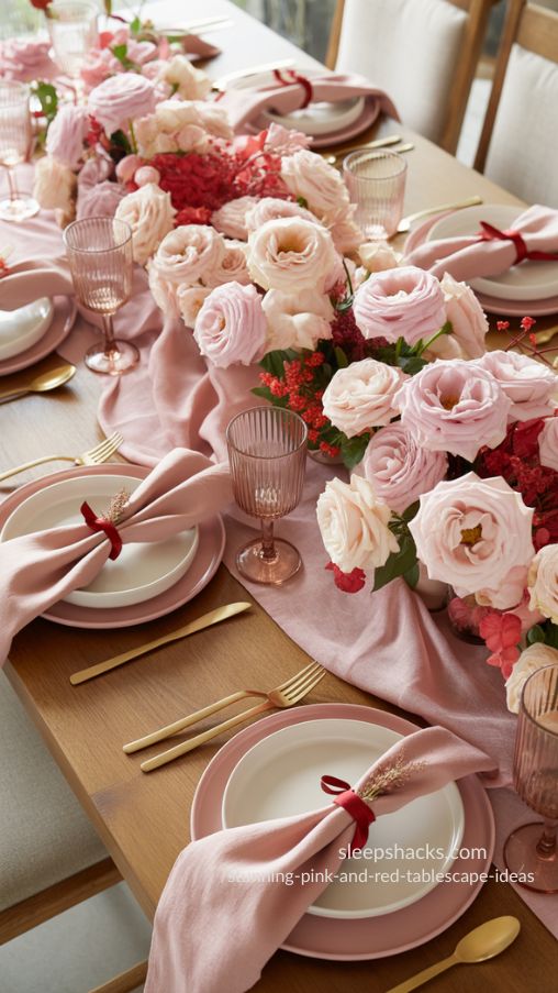 Balanced Pink-Dominant Tablescape with Red Accents, Textures, and Breathing Space