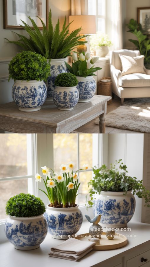 Blue and White Planters for Seasonal Greenery – Fresh Spring Home Decor