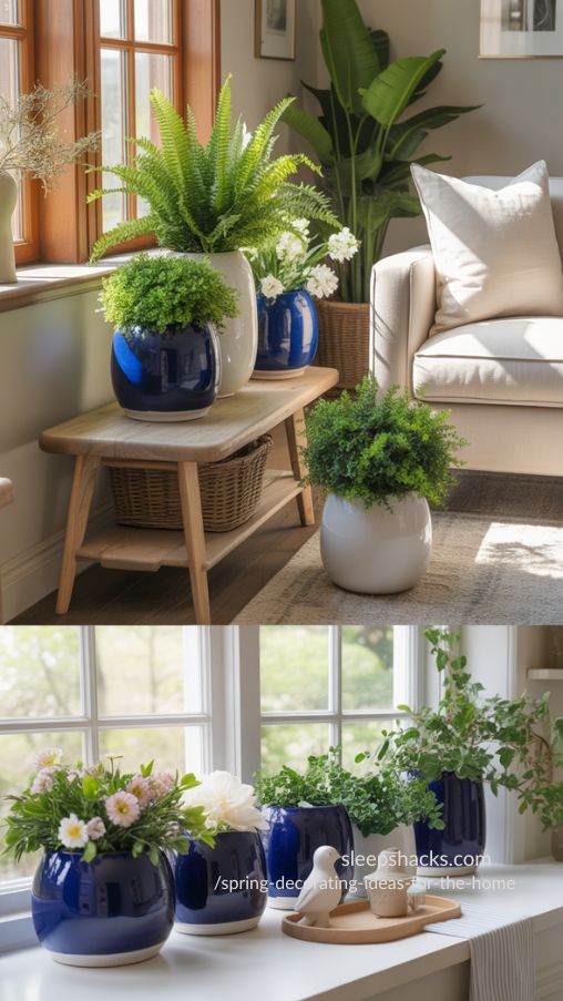 Blue and White Planters for Seasonal Greenery – Fresh Spring Home Decor