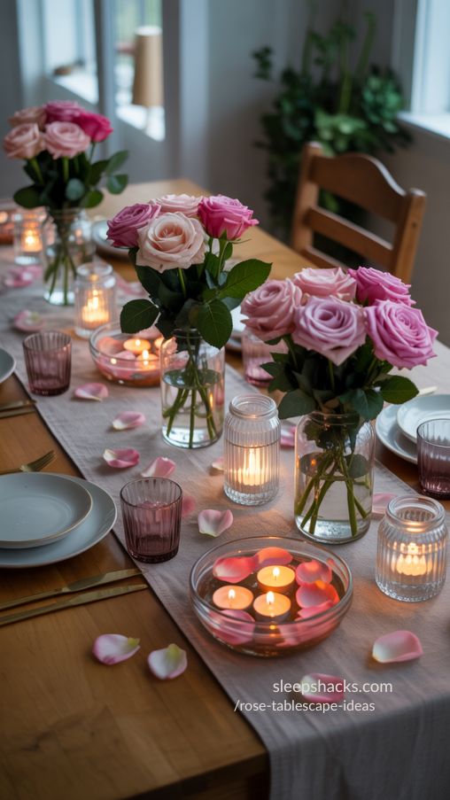 Budget-Friendly DIY Rose Tablescape with Floating Candles and Jar Vases