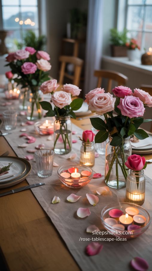 Budget-Friendly DIY Rose Tablescape with Floating Candles and Jar Vases