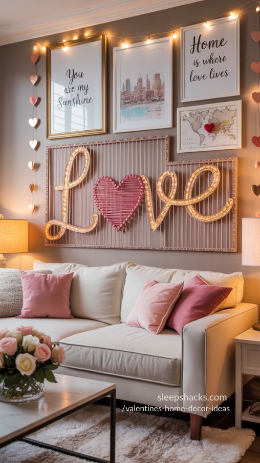 Create a photorealistic cozy living room or family space decorated for Valentine’s Day with Valentine-themed wall art. Feature a LOVE string art piece with a heart outline above a sofa, alongside framed love quotes, watercolor prints, and a small city map with a heart marking a special location. The wall decor should feel playful, personalized, and festive without overwhelming the space. Include soft lighting and subtle Valentine accents like heart garlands or small floral arrangements. The scene should be warm, inviting, and Instagram-worthy, showcasing creative Valentine’s home decor ideas for walls.
