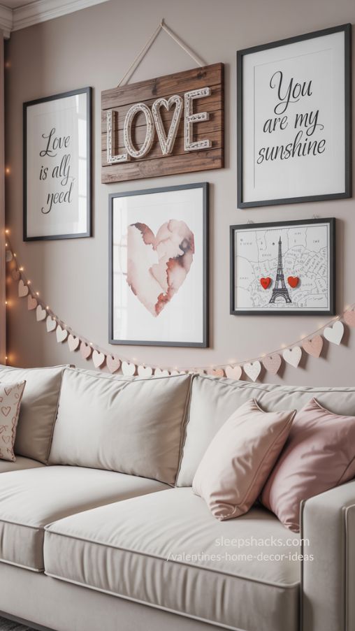 Create a photorealistic cozy living room or family space decorated for Valentine’s Day with Valentine-themed wall art. Feature a LOVE string art piece with a heart outline above a sofa, alongside framed love quotes, watercolor prints, and a small city map with a heart marking a special location. The wall decor should feel playful, personalized, and festive without overwhelming the space. Include soft lighting and subtle Valentine accents like heart garlands or small floral arrangements. The scene should be warm, inviting, and Instagram-worthy, showcasing creative Valentine’s home decor ideas for walls.