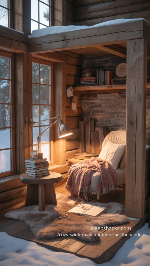 Cozy Nooks and Reading Corners in a Winter Cabin
