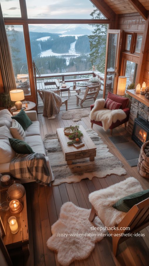 Cozy Winter Cabin Interior with Stunning Outdoor Views