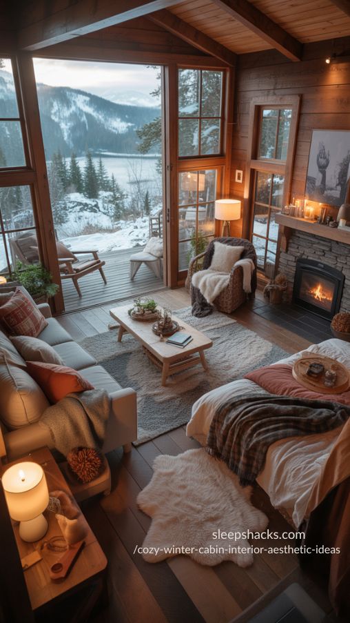 Cozy Winter Cabin Interior with Stunning Outdoor Views