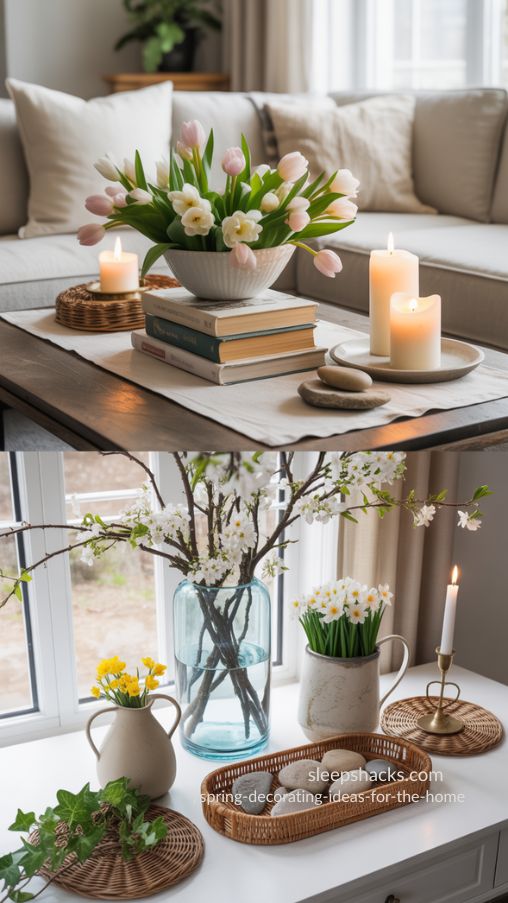 Create two photorealistic images for the topic “Spring Vignettes for Every Table”. Both images should highlight thoughtfully styled spring vignettes using layered decor, but each image must feature a different table setting and mood.Photo 1: A sunlit living room coffee table vignette styled with stacked books, a small floral arrangement, a ceramic bowl, and a couple of softly glowing candles. Include natural elements like wood or stone accents and a light linen runner. The background should feel cozy and lived-in, with neutral furniture and soft spring colors. The scene should feel balanced, curated, and joyful, showing how small details bring seasonal charm to everyday spaces.Photo 2: A bright console or side table vignette featuring mixed-height decor: a tall vase with spring branches, a smaller vase of flowers, a decorative tray, and a candle. Add texture with woven or ceramic elements and subtle greenery. Natural light highlights the layers and textures, creating a fresh, airy look that emphasizes dimension and thoughtful styling.