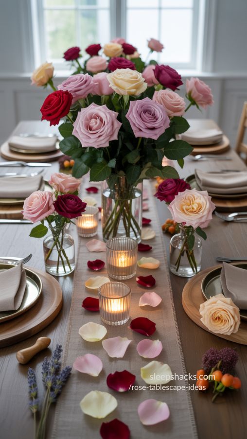 Creative Rose Tablescape with Varying Heights and Bud Vases