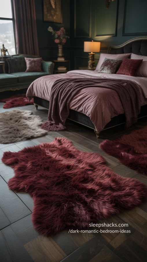 Create a photorealistic image of a dark romantic bedroom highlighting warm and textured flooring. Feature dark hardwood floors layered with deep jewel-toned rugs, such as burgundy Persian rugs or plush shag textures, to add coziness and depth. Rugs should complement the moody color palette of the room, including plum, emerald, and charcoal tones, while adding visual interest and comfort. The bedroom should include layered lighting, velvet bedding, and elegant furniture to enhance the romantic atmosphere. The scene should feel grounded, intimate, and luxurious, inviting you to sink your feet into plush textures and experience a warm, cocooned retreat. Long-tail keywords/focus: dark romantic bedroom rugs, cozy bedroom flooring ideas, warm moody bedroom decor