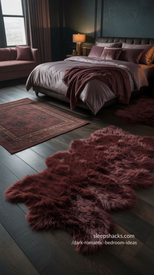 Create a photorealistic image of a dark romantic bedroom highlighting warm and textured flooring. Feature dark hardwood floors layered with deep jewel-toned rugs, such as burgundy Persian rugs or plush shag textures, to add coziness and depth. Rugs should complement the moody color palette of the room, including plum, emerald, and charcoal tones, while adding visual interest and comfort. The bedroom should include layered lighting, velvet bedding, and elegant furniture to enhance the romantic atmosphere. The scene should feel grounded, intimate, and luxurious, inviting you to sink your feet into plush textures and experience a warm, cocooned retreat. Long-tail keywords/focus: dark romantic bedroom rugs, cozy bedroom flooring ideas, warm moody bedroom decor
