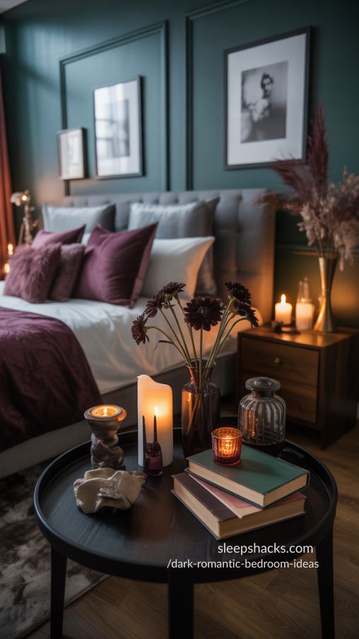 Create a photorealistic image of a dark romantic bedroom featuring carefully curated accessories that enhance intimacy and personality. Include candles, vases with dark flowers, stacks of vintage books, and small art pieces placed strategically around the room. Accessories should feel intentional and elegant, complementing the moody color palette of burgundy, plum, emerald, and charcoal, and the layered textures of velvet, silk, and faux fur. Soft, ambient lighting should highlight the objects subtly, creating warm pockets of glow. The bedroom should feel cozy, romantic, and personalized, where every accessory contributes to a storybook-like retreat. Long-tail keywords/focus: dark romantic bedroom accessories, cozy intimate bedroom decor, personalized moody bedroom ideas