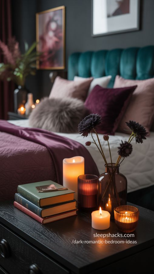 Create a photorealistic image of a dark romantic bedroom featuring carefully curated accessories that enhance intimacy and personality. Include candles, vases with dark flowers, stacks of vintage books, and small art pieces placed strategically around the room. Accessories should feel intentional and elegant, complementing the moody color palette of burgundy, plum, emerald, and charcoal, and the layered textures of velvet, silk, and faux fur. Soft, ambient lighting should highlight the objects subtly, creating warm pockets of glow. The bedroom should feel cozy, romantic, and personalized, where every accessory contributes to a storybook-like retreat. Long-tail keywords/focus: dark romantic bedroom accessories, cozy intimate bedroom decor, personalized moody bedroom ideas