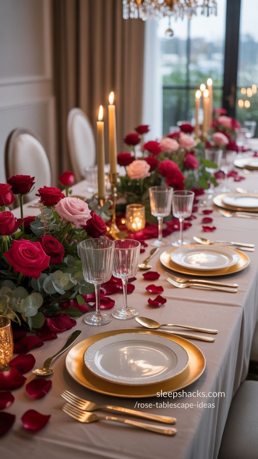 Elegant Deep Red Rose Tablescape for Intimate Dinner Party
