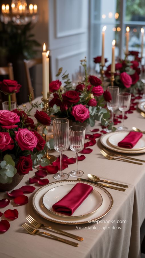 Elegant Deep Red Rose Tablescape for Intimate Dinner Party