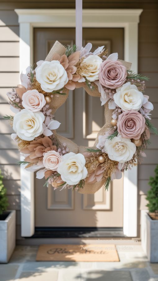 Elegant Valentine Wreath Ideas with Neutral and Blush Color Schemes
