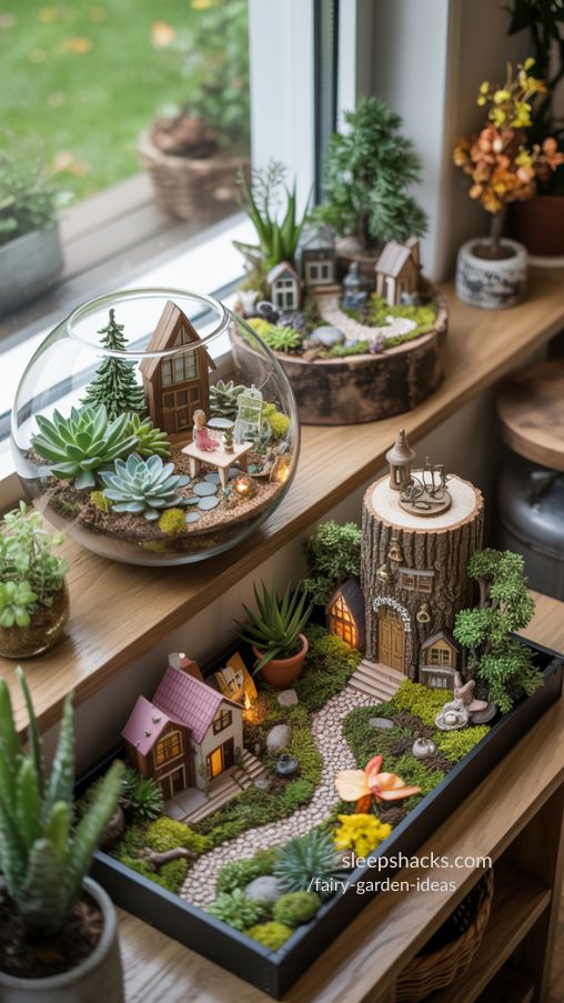 A highly realistic, photorealistic composition showcasing multiple types of fairy garden ideas arranged as elegant home decor. The scene features an indoor fairy garden in a glass terrarium with succulents, soft moss, tiny fairy figurines, and miniature furniture, placed on a wooden table near a window. Beside it, an outdoor-inspired fairy garden display with a tree stump village, miniature cottages, pebble paths, and lush greenery arranged in a shallow tray. Subtle seasonal accents are visible, including spring herbs, summer coastal elements like tiny shells, and a whimsical autumn touch with warm tones. Natural daylight, ultra-detailed textures, realistic scale, shallow depth of field, warm and cozy atmosphere, 4K resolution, DSLR photography style, cinematic realism, styled for modern home decor inspiration.