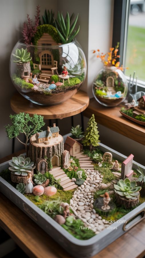 A highly realistic, photorealistic composition showcasing multiple types of fairy garden ideas arranged as elegant home decor. The scene features an indoor fairy garden in a glass terrarium with succulents, soft moss, tiny fairy figurines, and miniature furniture, placed on a wooden table near a window. Beside it, an outdoor-inspired fairy garden display with a tree stump village, miniature cottages, pebble paths, and lush greenery arranged in a shallow tray. Subtle seasonal accents are visible, including spring herbs, summer coastal elements like tiny shells, and a whimsical autumn touch with warm tones. Natural daylight, ultra-detailed textures, realistic scale, shallow depth of field, warm and cozy atmosphere, 4K resolution, DSLR photography style, cinematic realism, styled for modern home decor inspiration.