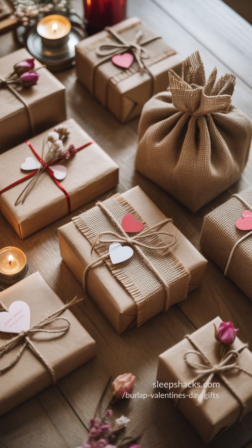 Create a photorealistic image of Valentine’s Day gifts wrapped with burlap. Include small boxes and bags wrapped in rustic burlap, tied with twine or layered over kraft paper, and adorned with dried flowers or small heart decorations. Arrange them on a wooden table with soft natural lighting to highlight textures, warm tones, and handcrafted details. Include subtle Valentine’s touches like rose petals, candles, or tiny ornaments to create a cozy, elegant, and personalized gift presentation. The scene should showcase how thoughtful wrapping elevates even simple gifts into memorable, charming presents.