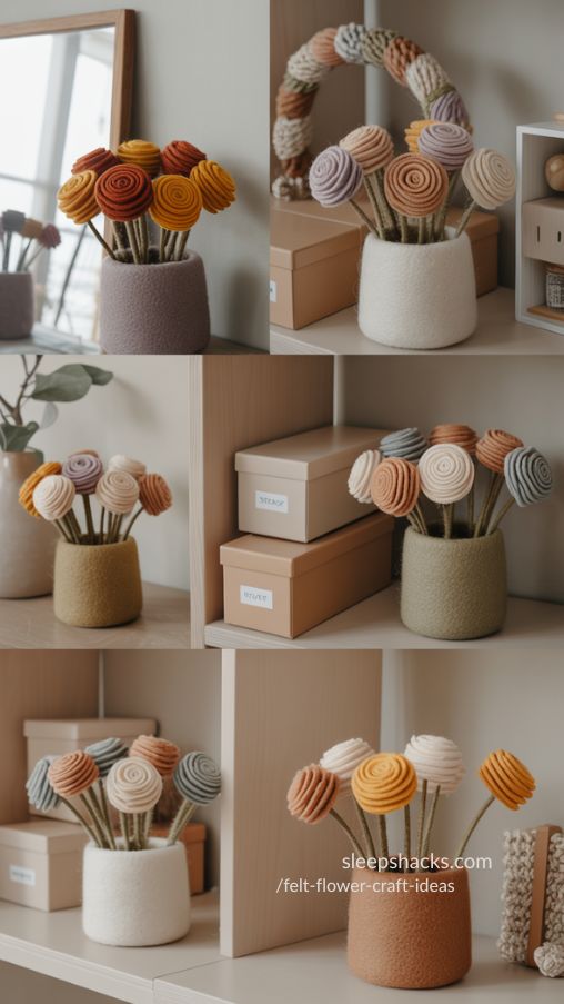 Felt Flower Craft Ideas for Easy Seasonal Home Decor Natural daylight fills the room, highlighting the soft wool texture and realistic finish of the felt flowers. Storage boxes labeled by season sit neatly in the background, along with reusable wreath or garland bases, reinforcing thoughtful, organized decorating. The background remains minimal and cozy with neutral walls and light wood tones. Editorial interior photography style, ultra-realistic textures, shallow depth of field, calm and adaptable handmade aesthetic, Pinterest vertical ratio (2:3), clean composition with negative space for text overlay, no people visible.