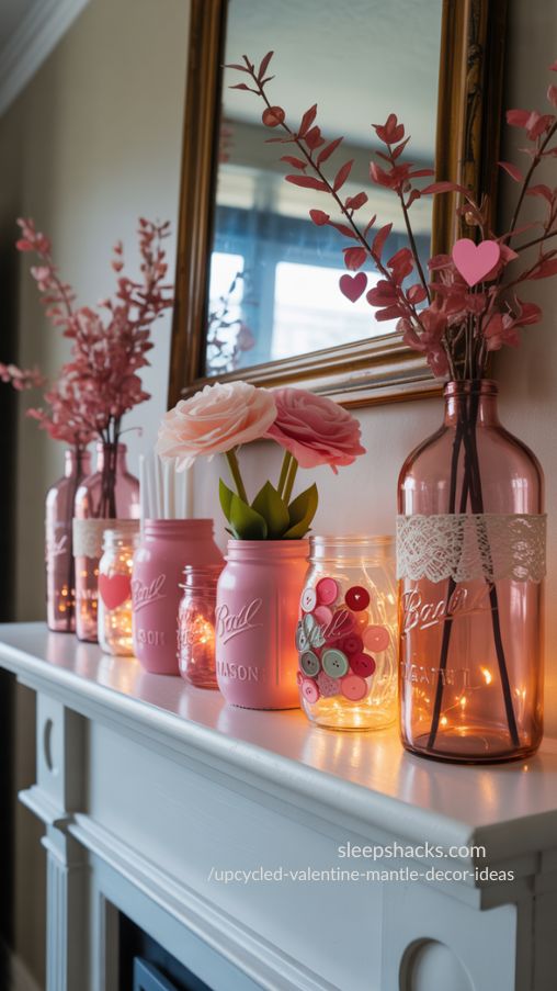 Create a photorealistic image of a Valentine’s Day mantel decorated with upcycled mason jars and bottles. Include mason jars painted pink, decoupaged with fabric scraps, or filled with buttons and fairy lights. Show them holding faux flowers, candles, or heart cutouts. Arrange taller jars at the ends of the mantel and smaller ones in the center to create a natural flow and layered dimension. Include old wine bottles painted or adorned with lace as romantic vases. Emphasize cozy lighting, rich textures, and a charming, personal, and eco-friendly DIY aesthetic.