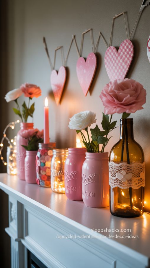 Create a photorealistic image of a Valentine’s Day mantel decorated with upcycled mason jars and bottles. Include mason jars painted pink, decoupaged with fabric scraps, or filled with buttons and fairy lights. Show them holding faux flowers, candles, or heart cutouts. Arrange taller jars at the ends of the mantel and smaller ones in the center to create a natural flow and layered dimension. Include old wine bottles painted or adorned with lace as romantic vases. Emphasize cozy lighting, rich textures, and a charming, personal, and eco-friendly DIY aesthetic.
