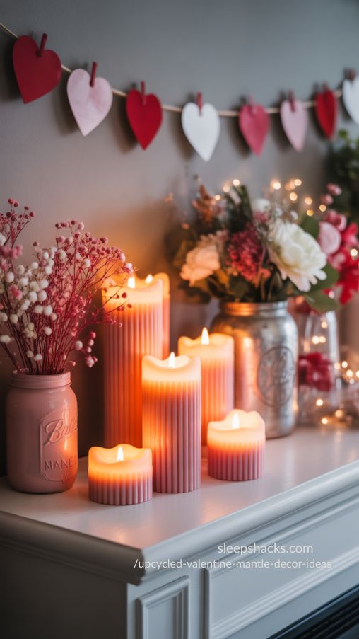 Incorporating Candles for Warmth and Romance – Upcycled Valentine Mantel Ideas