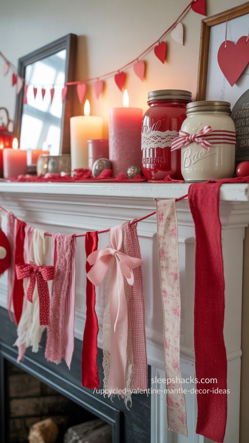 Create a photorealistic image of a Valentine’s Day mantel decorated with upcycled fabric scraps and textiles. Include ribbons, lace, and old sheets repurposed into garlands, bows, and jar wraps. Layer these soft textures alongside mason jars, heart garlands, candles, and vintage trinkets to create a cozy, romantic, and handcrafted look. Emphasize contrasts of rough and smooth textures, warm lighting, and a tactile, inviting atmosphere. Highlight reds, pinks, whites, and subtle metallic accents to unify the display and evoke charm, eco-friendly DIY styling, and intentional Valentine mantel decor.