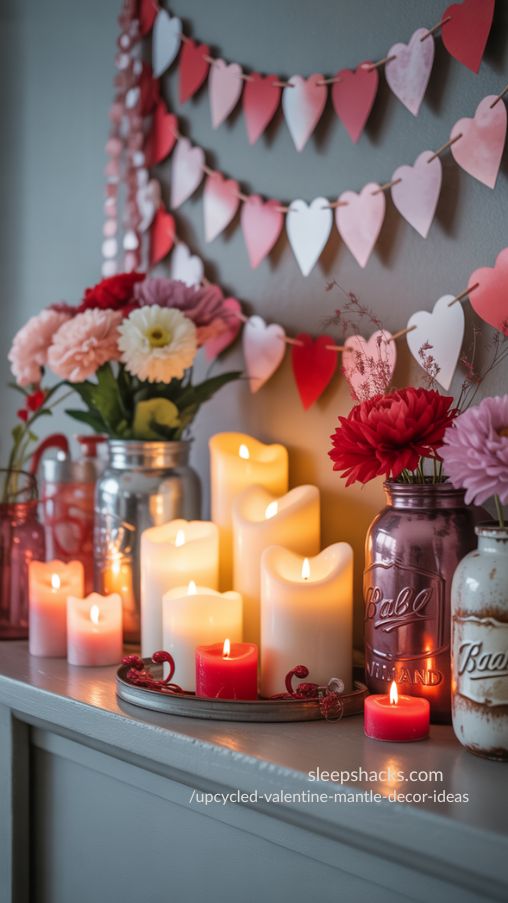 Incorporating Candles for Warmth and Romance – Upcycled Valentine Mantel Ideas