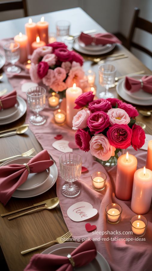 Intimate Valentine's Day Pink and Red Tablescape with Candlelight and Personal Touches