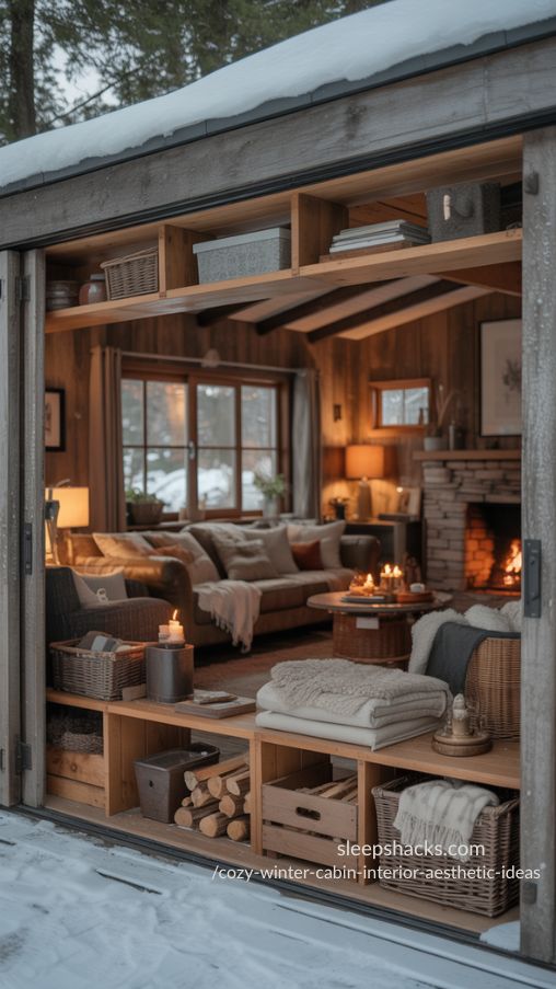 Cozy winter cabin interior featuring functional and aesthetic storage, photorealistic, living space with natural wood walls and exposed beams, built-in wooden shelves and rustic sliding doors, wooden crates and woven baskets storing blankets, firewood, and decor items, plush sofas and armchairs with layered throws and pillows, stone fireplace softly glowing in background, layered warm lighting with table lamps and candles, earthy color palette with browns, creams, muted greens, and deep reds, snow visible through large windows, realistic textures of wood, stone, textiles, and woven materials, inviting hygge-inspired winter cabin interior