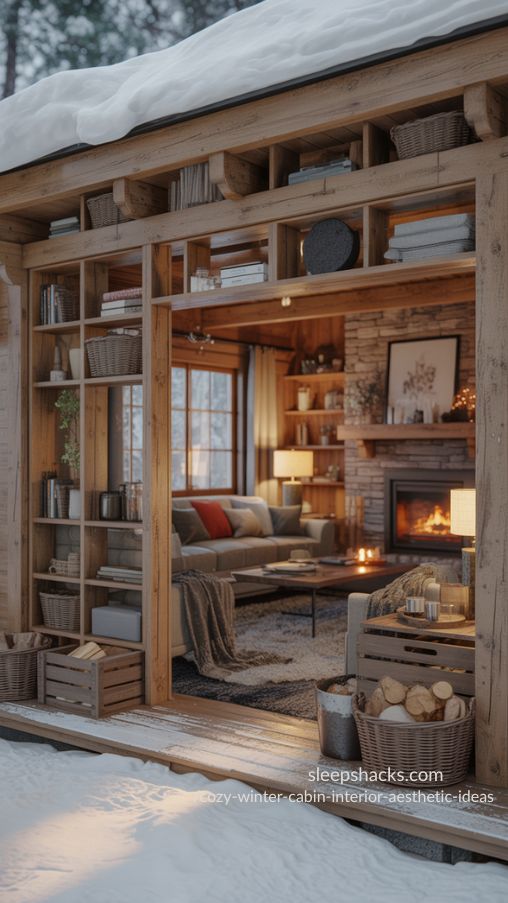 Cozy winter cabin interior featuring functional and aesthetic storage, photorealistic, living space with natural wood walls and exposed beams, built-in wooden shelves and rustic sliding doors, wooden crates and woven baskets storing blankets, firewood, and decor items, plush sofas and armchairs with layered throws and pillows, stone fireplace softly glowing in background, layered warm lighting with table lamps and candles, earthy color palette with browns, creams, muted greens, and deep reds, snow visible through large windows, realistic textures of wood, stone, textiles, and woven materials, inviting hygge-inspired winter cabin interior