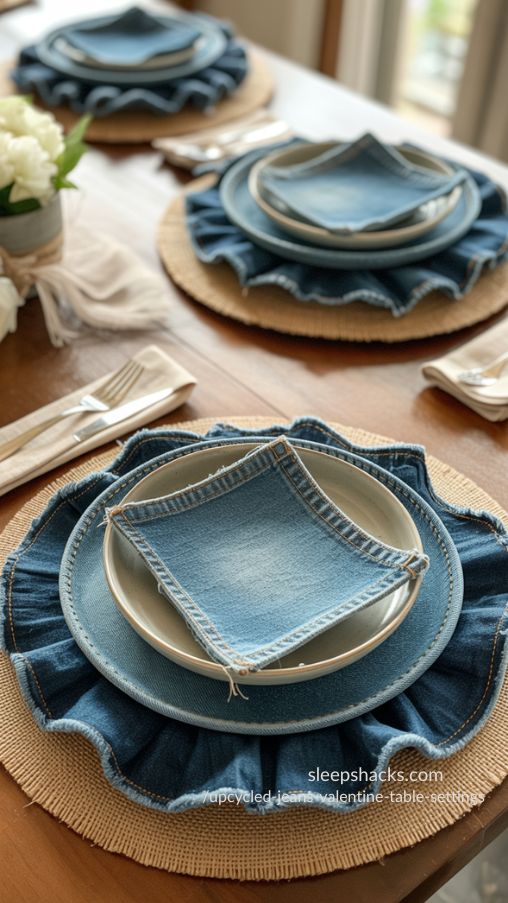 Layered Denim and Burlap Charger Plates for Upcycled Jeans Valentine Table Settings