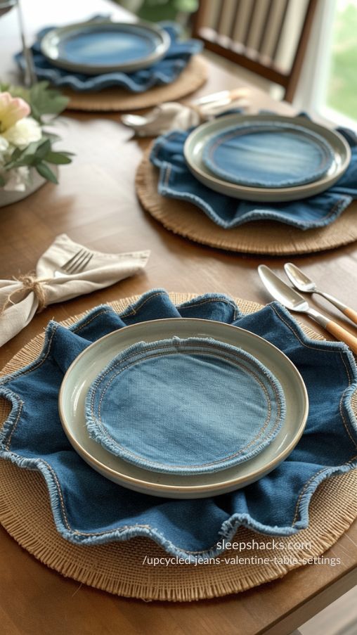 Layered Denim and Burlap Charger Plates for Upcycled Jeans Valentine Table Settings