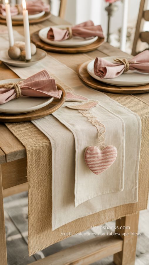 Layered Table Runners and Linens for Rustic Valentines Day Tablescape Ideas