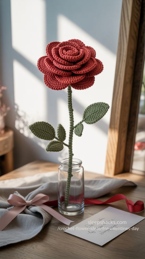 Long Stem Crochet Roses – Classic Valentines Day Elegance in Yarn