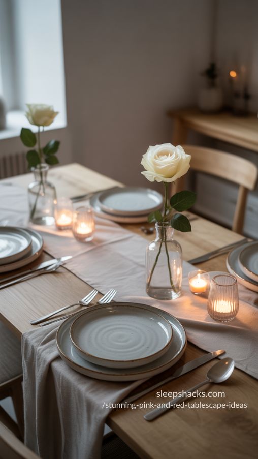 Minimalist-Romantic Tablescape with Single White Rose and Candle Glow