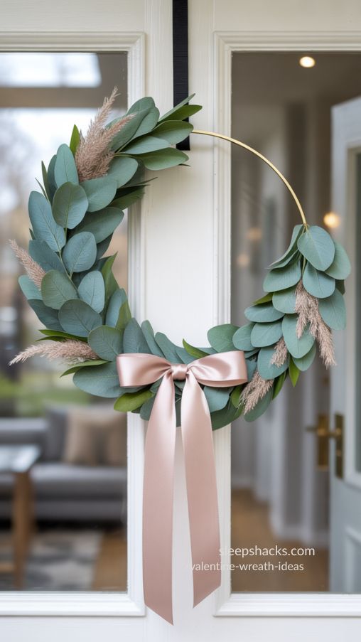 Modern Eucalyptus Valentine Wreath with Blush Ribbon
