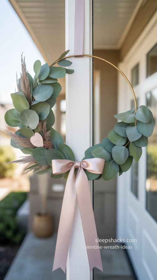 Modern Eucalyptus Valentine Wreath with Blush Ribbon