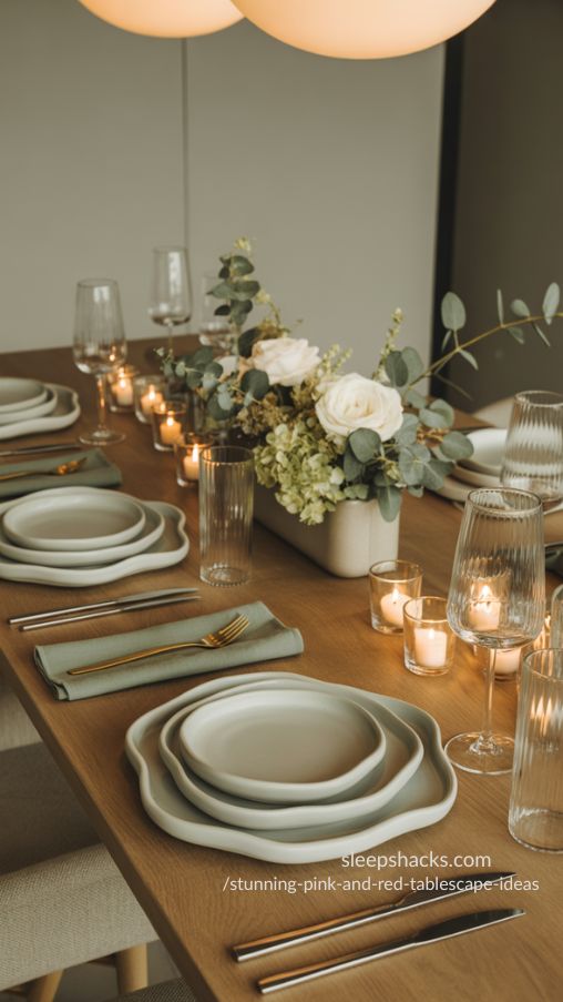 Modern and Stylish Tablescape with Muted Greens and Candlelight