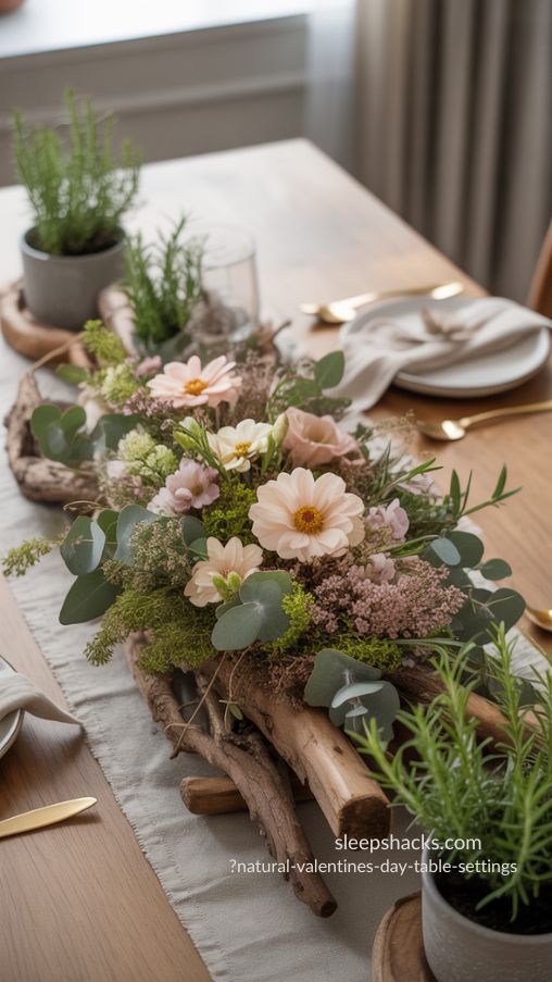 Natural Valentine’s Day Centerpiece with Wildflowers and Greenery