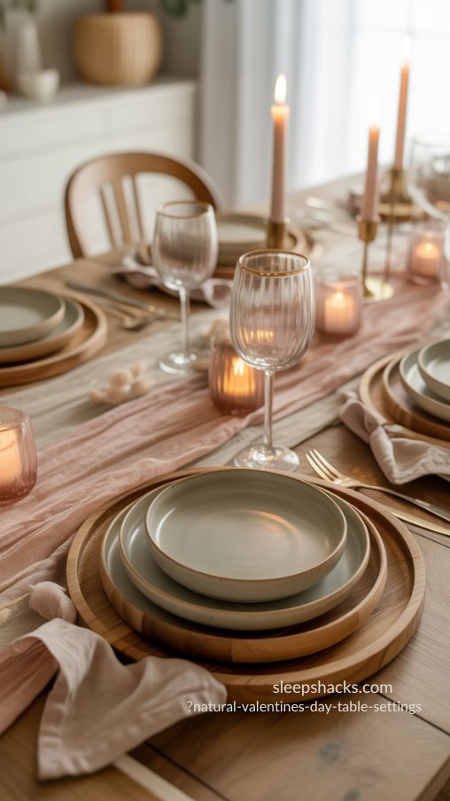 Create a high-end, photorealistic Valentine’s Day table setting styled with a soft, natural color palette. The table features muted earthy tones including soft blush pinks, warm ivory, sage green, and gentle natural browns. A textured linen table runner drapes across a solid wooden dining table, layered with wooden chargers and matte stoneware dinner plates in neutral tones. Add linen napkins loosely folded for an organic feel. Subtle metallic accents—such as a gold-rimmed wine glass and slender copper candlesticks with warm candlelight—reflect light softly without overpowering the natural aesthetic. The scene is lit with warm natural daylight, creating a calm, romantic, and serene atmosphere. The styling feels timeless, cozy, and thoughtfully layered, with realistic textures, soft shadows, and magazine-style interior photography in ultra-high resolution.
